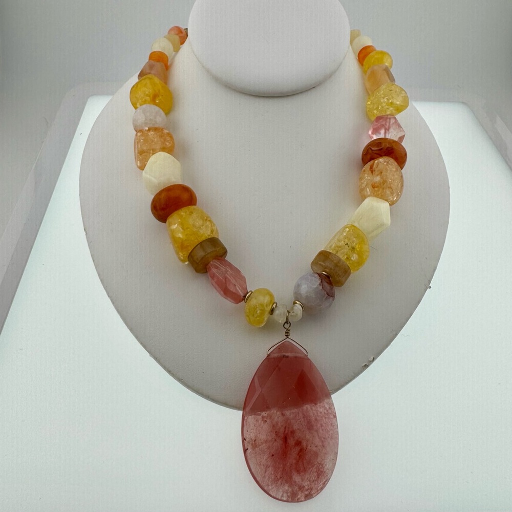 Chico's Multicolor Stone and Glass Necklace with Peach Pendant Heavy